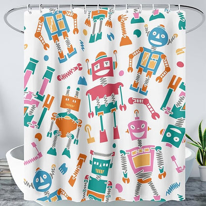 AILONEN Robots Shower Curtain,Modern Cartoon Super Robot Pattern Bathroom Decor for Boys Girls Teens Kids, 48" W*72" H Watercolor Robot Shower Curtain Set