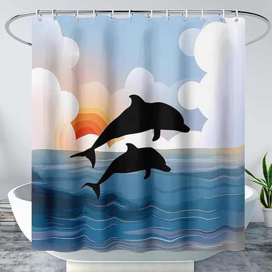 AILONEN Cartoon Dolphin Shower Curtain,Jumping Dolphin Bathroom Curtains for Kids,Girls,Sunset by The Sea Theme Shower Curtains Set with Hooks for Bathroom,36" W*72" H
