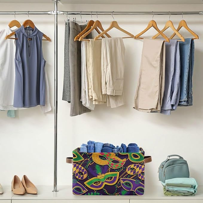 Mardi Gras Accessories Mask Beads Confetti Feather Storage Basket Fabric Laundry Baskets Fleur de Lis Purple Gold Green Storage Boxes Organizer Bag Cloth Toy Book Storage Cubes Shelf Bins 16×12×8