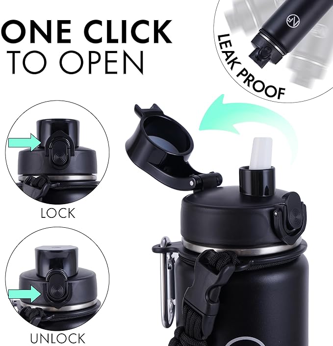 32 oz Insulated Water Bottle With Detachable Straw & Paracord Handle, Stainless Steel Thermos Water Bottle with Leakproof Lockable Lid, BPA-Free Sports Bottle (Black)