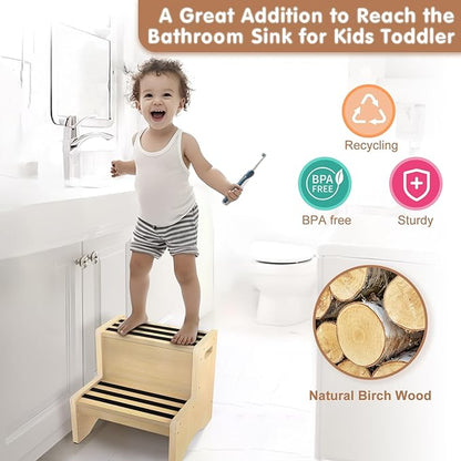 Natural Wooden Step Stool for Kids Toddler Non-Slip Sturdy Two Step Stools with Handles Non-Slip Pads for Child Kids Toddler Kitchen Counter Helper Bathroom Toilet Bed Potty Sink