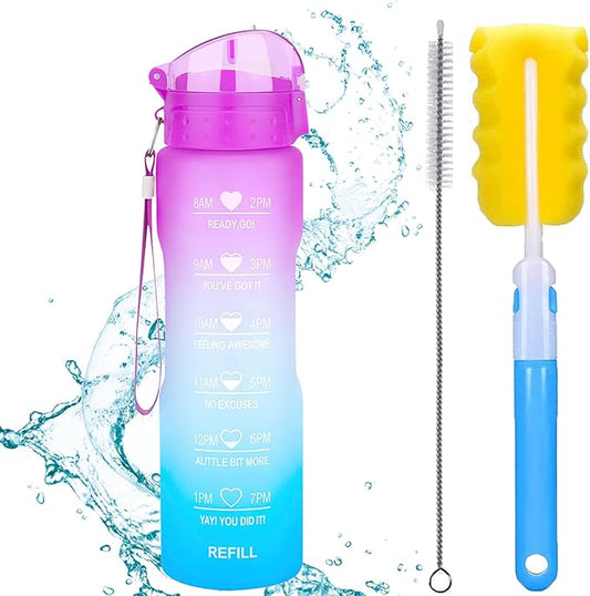 XACIOA Water Bottle with Straw,32oz Plastic Cup with Motivational Time Marker,1L Tritan Sport Lightweight Leakproof BPA-Free,Wide Mouth Fast Flow Ensure You Have Times to Drink,with Straw & Cup Brush