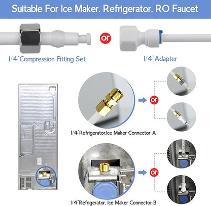 32.8ft Refrigerator Water Line Kit, 1/4 Compression Ice Maker Installation Kit, 1/4" OD Water Line Kit with Quick Connect and Feed Water Adapter Fittings for RO System Water Filter Fridge Ice Maker