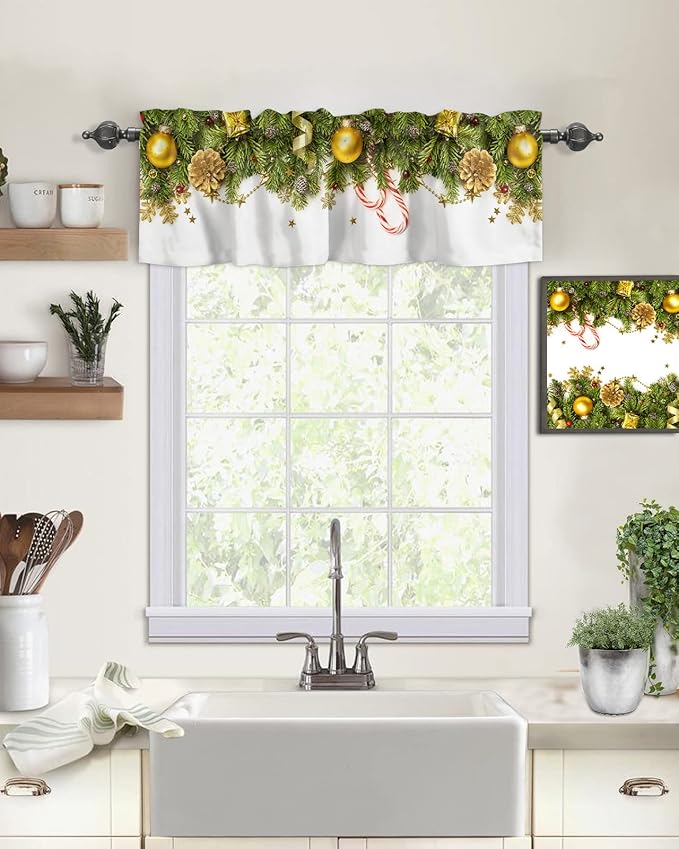 Christmas Kitchen Curtains Valances for Windows Pine Cones Rod Pocket Window Treatment for Kitchen/Living Room/Bedroom/Bathroom,60" X 18" -1 Panel, Golden Ornament Balls