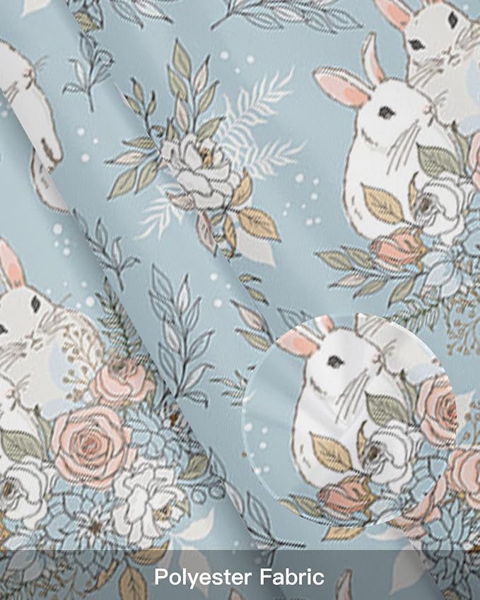 Easter Decor Valances Kitchen Curtains for Windows, Easter Bunny Rabbits Vintage Flowers Spring Holiday Rod Pocket Valances Blue Short Curtains for Bedroom/Living Room,54" X 18" -1 Panel