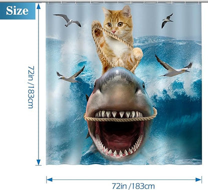 Aimego Funny Cat Shower Curtains - Cute Cool Cat Riding Shark Ocean Wave Fun Bath Shower Curtain Set with 12 Hooks for Adults Kids Bathroom Decor Accessories, 72"x72"