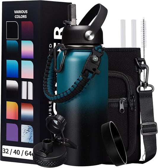 Vacuum Insulated Water Bottle 32oz - with Straw & Spout Lids, Paracord Handle, Shoulder Carrier Bag, Large Sport Stainless Steel Water Bottle, Double-wall Metal Water Bottle Thermal Hydro Mug Flask