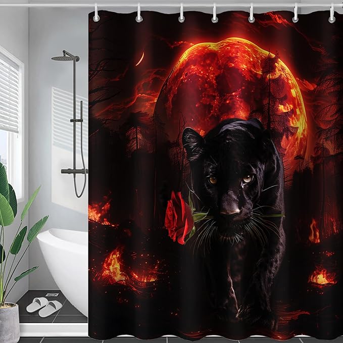 AILONEN Black Panther Shower Curtain,Evening Moon Flame Leopard Bath Curtain for Kids Men,Wildlife Animal Polyester Waterproof with 12 Plastic Hooks 72" W*96" H