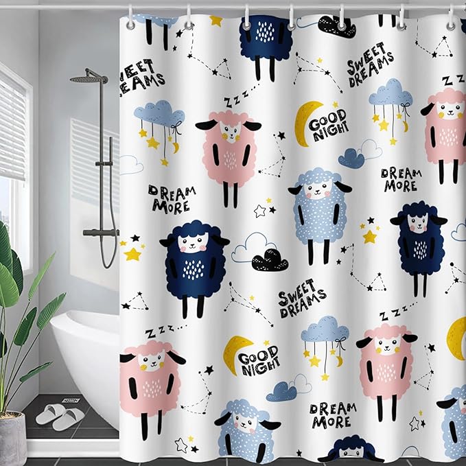AILONEN Cute Sheep Shower Curtain for Bathroom,Constellation Star Clouds Printed Bath Curtain,Blue Pink Sheep Kids Curtain Waterproof with 2 Plastic Hooks 72" W*72" H
