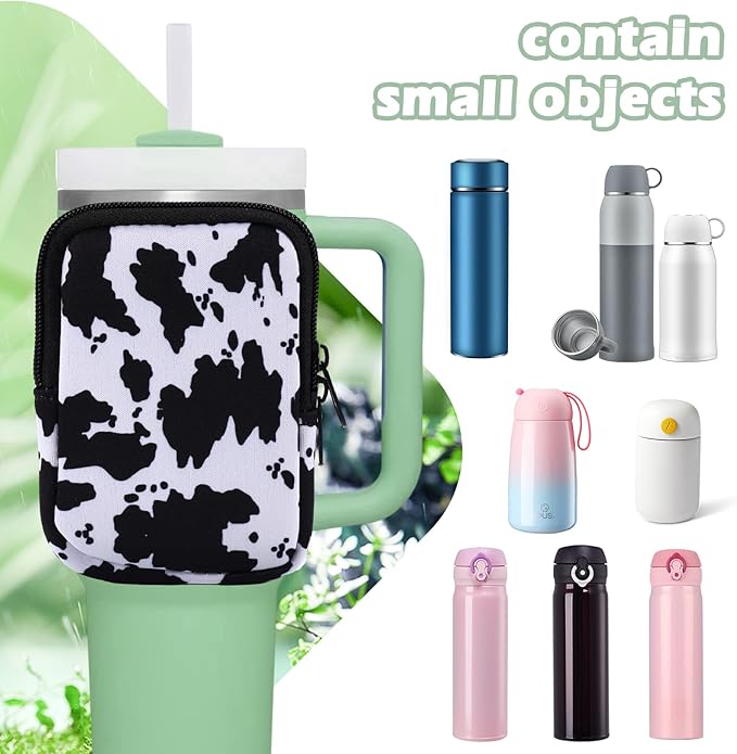 Water Bottle Pouch Cup Accessories for Women Quencher Adventure IceFlow 20oz 30oz 40oz Tumbler Pouch with Handle Running Pouch Bag for Cards Keys(Cow)