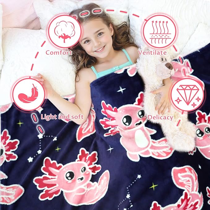 Axolotl Blanket Glow in The Dark Blanket Pink Axolotl Plush Cute Blanket for Girls Axolotl Gifts Birthday Decorations 40"x50"
