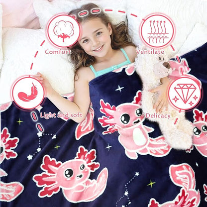 Axolotl Blanket Glow in The Dark Blanket Pink Axolotl Plush Cute Blanket for Girls Axolotl Gifts Birthday Decorations 40"x50"
