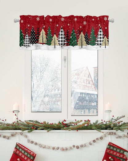 Red Merry Christmas Valance Curtains for Kitchen Windows Green Christmas Tree Rod Pocket Window Treatment Toppers for Kitchen/Living Room/Bedroom/Bathroom, 42" X 18", White Snow Forest Winter