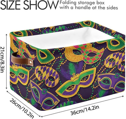 Mardi Gras Accessories Mask Beads Confetti Feather Storage Basket Fabric Laundry Baskets Fleur de Lis Purple Gold Green Storage Boxes Organizer Bag Cloth Toy Book Storage Cubes Shelf Bins 16×12×8