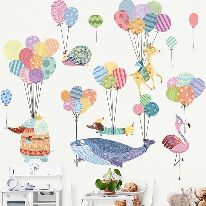Cartoon Animals Wall Stickers Color Balloon Whale Elephant Wall Decals Peel and Stick Wall Art Decals for Kids Bedroom Baby Nursery Door Decor