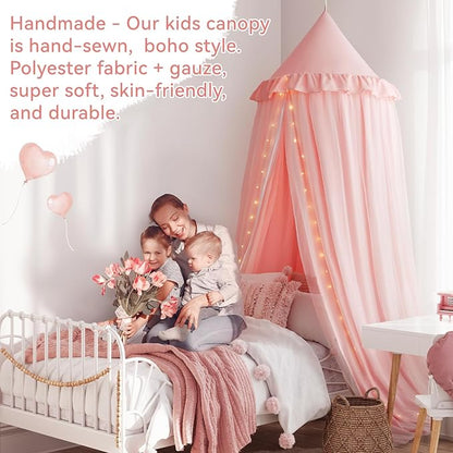 Bed Canopy Drapes, Double Layer Canopies Netting Tent for Bed, Princess Fairy Bed Canopy with String Lights for Girls, Adults, Canopy Bed Curtains Mosquito Net, Pink, 27''x108''