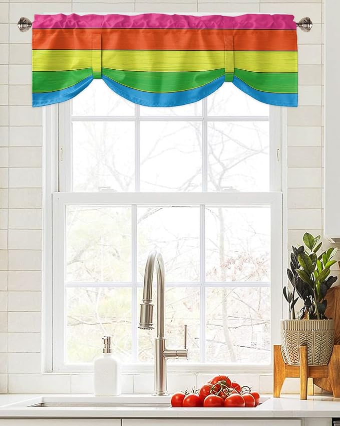 Farmhouse Blackout Tie Up Valance Curtains for Kitchen Windows,Rainbow Retro Rustic Barn Wood Texture Window Toppers Balloon Shades for Living Room/Bathroom/Bedroom,1 Panel,60" X 18" -1 Panel