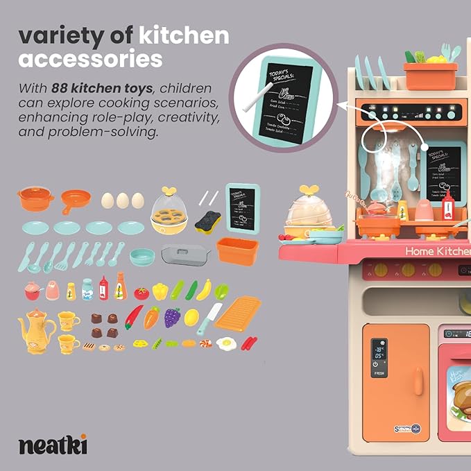 Kids Play Kitchen Set: 27.95 x 11.22 x 36.81 Inches, 65-Piece Toy Set, Functional Faucet, Steaming, Lights and Sound, Educational Toy with Kitchen Accessories, for Kids 3 and Up (Pink)