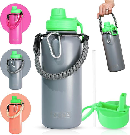 32oz Insulated Water Bottle with Paracord Handle and Straw, Stainless Steel Cup with 2 Lids & Straw, BPA-Free, Thermo Bottle Double Wall Vacuum Insulation, for Gym, Sports (Graphite)