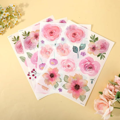 60pcs Pink Flower Wall Sticker Watercolor PVC Peel and Stick Wall Decals Cute Peony Floral and Leaves Pastel Flower Decor for Kids Bedroom Living Room Baby Nursery Kindergarten
