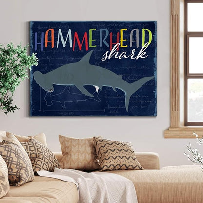 Renditions Gallery Canvas Animal Wall Art Modern Decorations Paintings Colorful Playful Hammerhead Shark Abstract Vibrant Lifestyle Artwork Prints for Kids Bedroom Nursery - 32"x48" LT33