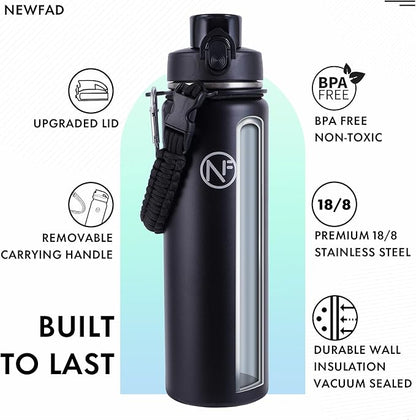 32 oz Insulated Water Bottle With Detachable Straw & Paracord Handle, Stainless Steel Thermos Water Bottle with Leakproof Lockable Lid, BPA-Free Sports Bottle (Black)