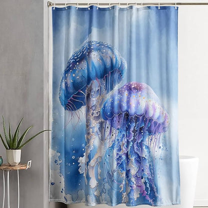 AILONEN 3D Jellyfish Shower Curtain,Beautiful Jellyfish Shower Curtain for Bathroom,Watercolor Blue Ocean Waterproof Fabric Shower Curtain Set with Hooks,36" W*72" H