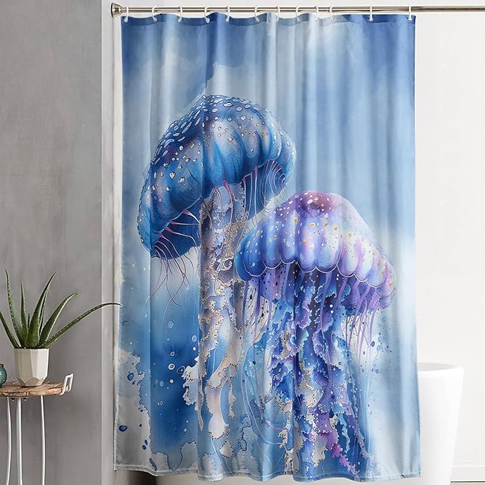 AILONEN 3D Jellyfish Shower Curtain,Beautiful Jellyfish Shower Curtain for Bathroom,Watercolor Blue Ocean Waterproof Fabric Shower Curtain Set with Hooks,48" W*72" H
