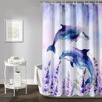 AILONEN Watercolor Dolphin Shower Curtain, Cute Dolphin Lavender Flower Bath Curtain,Modern Minimalist Purple Waterproof Fabric Shower Curtain Set with Hooks 72" W*72" H