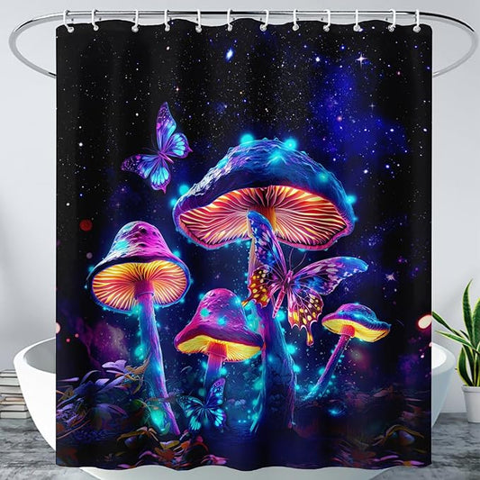 AILONEN Magic Mushroom Shower Curtain for Kids Girls,Glowing Mushrooms and Starry Night Waterproof Fabric Shower Curtain for Bathroom,Butterfly Plants Shower Curtain Set with Hooks,72" W*84" H