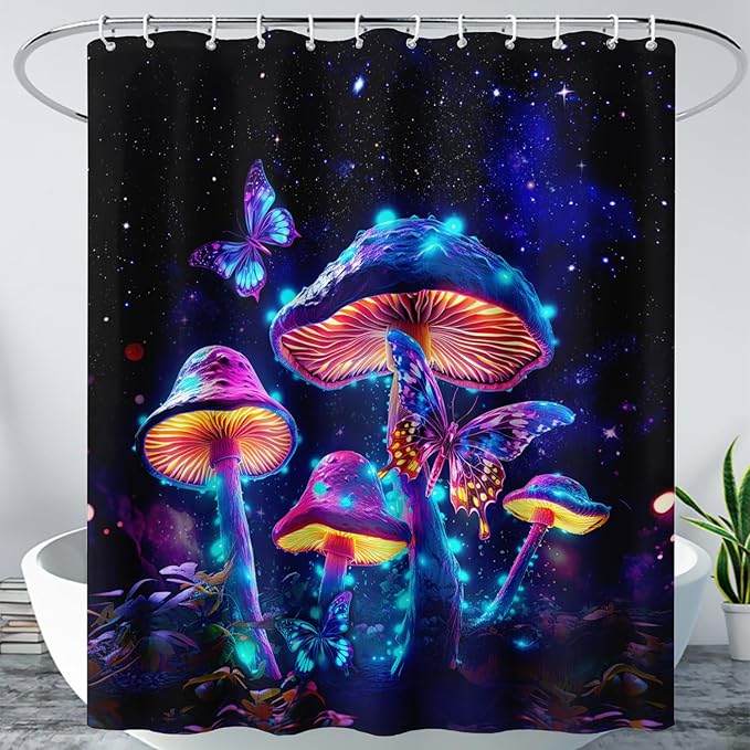 AILONEN Magic Mushroom Shower Curtain for Kids Girls,Glowing Mushrooms and Starry Night Waterproof Fabric Shower Curtain for Bathroom,Butterfly Plants Shower Curtain Set with Hooks,72" W*78" H