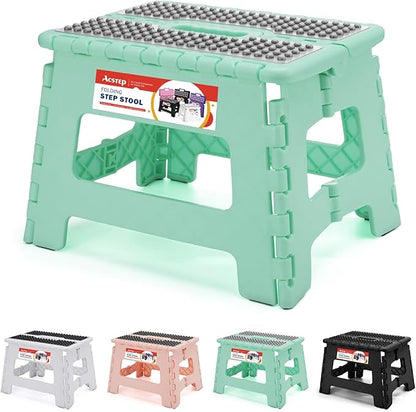 ACSTEP 9 Inch Folding Step Stool 300 LB Capacity Non Slip Foot Stool with Handle Plastic Foldable Step Stools for Kids Stepping Stool for Bathroom Black Small Step Stool (1 PC Teal)