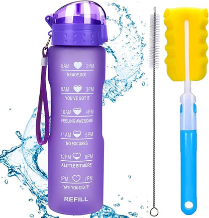 XACIOA Water Bottle with Straw,32oz Plastic Cup with Motivational Time Marker,1L Tritan Sport Lightweight Leakproof BPA-Free,Wide Mouth Fast Flow Ensure You Have Times to Drink,with Straw & Cup Brush