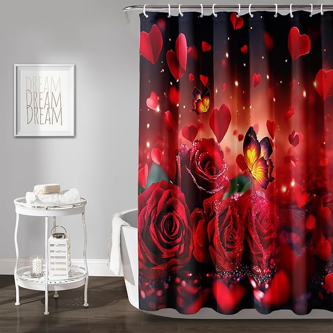 AILONEN 3D Rose Shower Curtain for Bathroom, Red Rose Hearts Print Bath Curtain,Romantic Rose Flower Shower Curtain Decoration Waterproof with 12 Plastic Hooks, 72" W*78" H