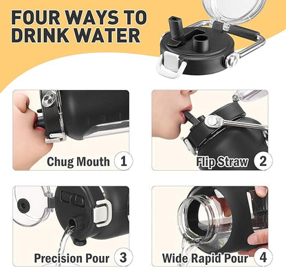 84oz Glass Water Bottle with Stainless Steel Handle,2.5L Gallon Water Bottle With 2-IN-1 Straw Lid, Silicone Sleeve and Motivational Capacity Marker, Wide Mouth Water Jug For Gym, Workout, Black