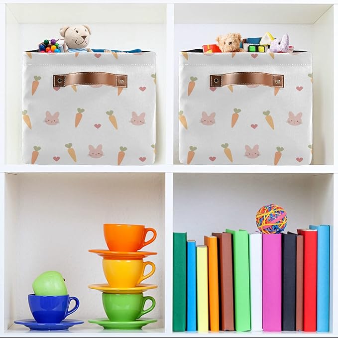 Carrots Rabbits Animal Pattern Storage Bin Collapsible Rectangular Storage Basket Large Fabric Storage Boxes Organizer 1PC with Leather Handles for Clothes Toys Books Kitchen Laundry