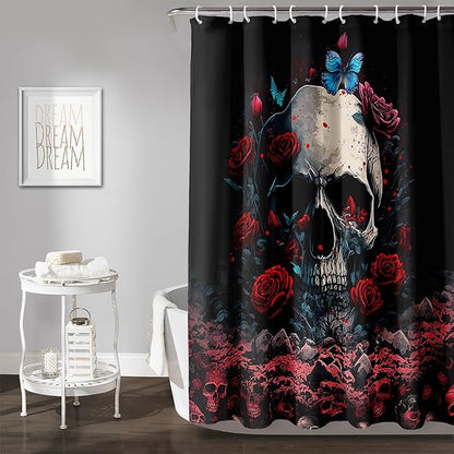 AILONEN 3D Skull Shower Curtain,Oil Ren Rose with Ruins Skull Skeleton Design Shower Curtain Set for Boys Girls Teens,Gothic Skull Waterproof Fabric Shower Curtain for Bathroom,48" W*72" H