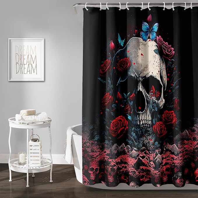 AILONEN 3D Skull Shower Curtain,Oil Ren Rose with Ruins Skull Skeleton Design Shower Curtain Set for Boys Girls Teens,Gothic Skull Waterproof Fabric Shower Curtain for Bathroom,36" W*72" H