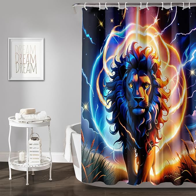 AILONEN 3D Lion Shower Curtain for Bathroom,Gold Halo Lightning Lion Printed Bath Curtain,Boys Teen Kids Running Lion Decoration Shower Curtain Waterproof 72" W*78" H