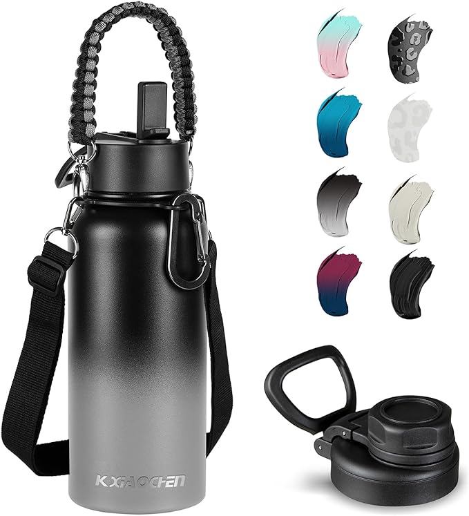 32 oz Insulated Water Bottle with Paracord Handles & Strap, 2 Lids(Straw Lid&Spout Lid), Stainless Steel Reusable Wide Mouth Metal Water Bottle With Straw, Double Walled, Thermo Mug(Black Gray)