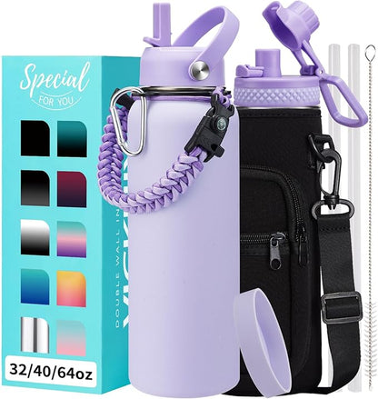 40 oz Water Bottle with Straw Spout Lids - Cold 48H Hot 24H Insulated Water Bottle Carrying Sleeve with Strap Handle, Bottom Boot, Leak-Proof Stainless Steel Thermal Flask for Women, Lilac Purple