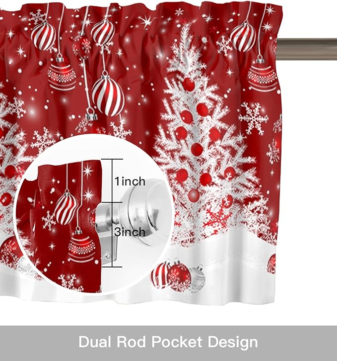 Red Christmas Kitchen Curtains and Valances Set, White Xmas Tree Snowflakes Red Balls Windows Treatments Tiers Half/Short Curtains for Small Windows Cafe /Living Room/ Bedroom 54x24 in Winter