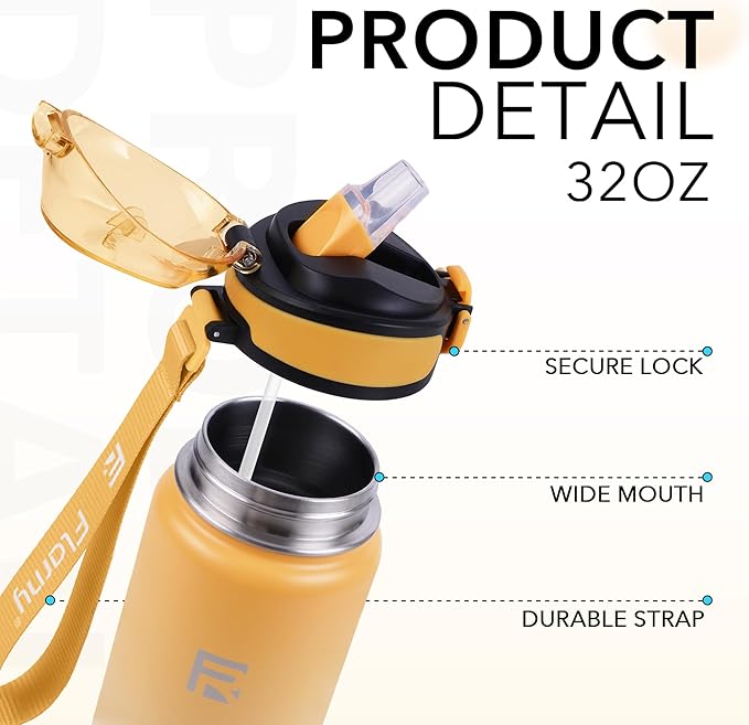 32 oz Insulated Water Bottle with Straw, Stainless Steel Metal Thermos Bottles, Durable Non-Slip Gradient Bottle with Strap for Sports and Travel, Leak Proof (Yellow White)