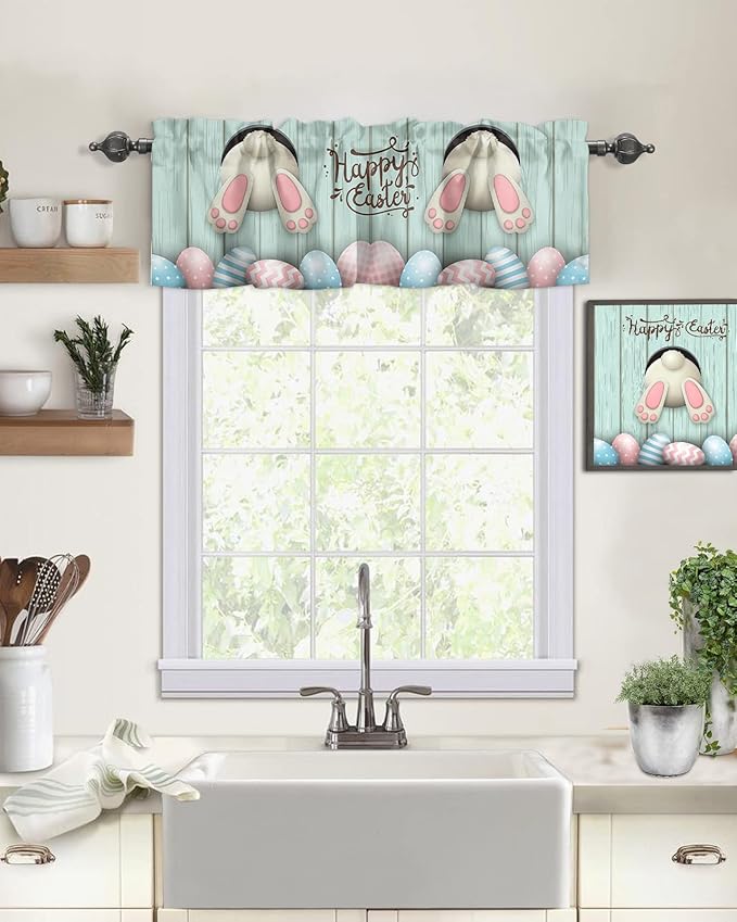 Happy Easter Valances Kitchen Curtains for Windows, Easter Bunny Tails Eggs Rabbit Spring Decor Rod Pocket Valances Blue Farmhouse Wood Short Curtains for Bedroom/Living Room,54" X 18" -1 Panel