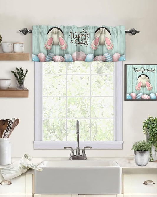 Happy Easter Valances Kitchen Curtains for Windows, Easter Bunny Tails Eggs Rabbit Spring Decor Rod Pocket Valances Blue Farmhouse Wood Short Curtains for Bedroom/Living Room,54" X 18" -1 Panel