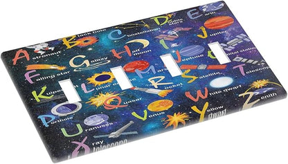 ABC Outer Space Quad Toggle Light Switch Cover Decorative Alphabet Galaxy Boys Educational 4 Gang Wall Plate Electrical Faceplate Switchplate for Kidroom Nursery Boyroom Living Room Decor
