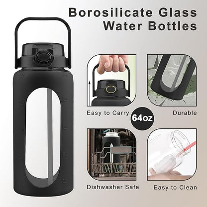 64 Oz Glass Water Bottle with Straw and Lid, Sports Motivational Water Bottle, Leakproof Water Jug Fitness with Silicone Sleeve for Gym, Black
