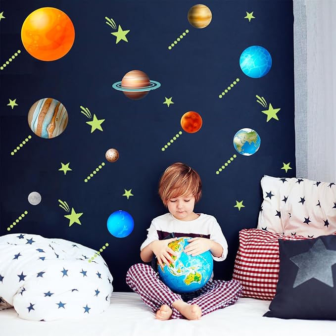 NICENEEDED Glow in The Dark Planets Stars Wall Decal, 435 PCS Star Ceiling Stickers with 10 PCS Planet Stickers, Self-Adhensive Luminous Sticker Decals for Bedroom Decoration
