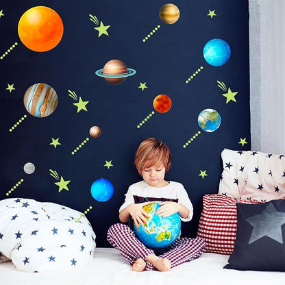 NICENEEDED Glow in The Dark Planets Stars Wall Decal, 435 PCS Star Ceiling Stickers with 10 PCS Planet Stickers, Self-Adhensive Luminous Sticker Decals for Bedroom Decoration