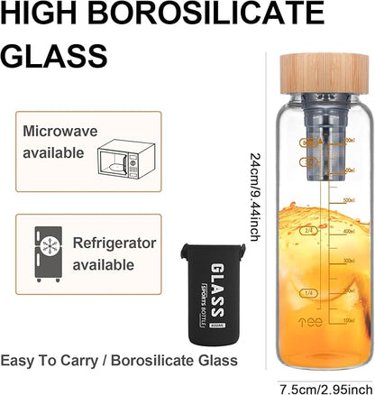 29oz Glass Water Bottle, Leak-Proof, with Stainless Steel Tea Infuser, BPA-Free, Suitable for Office, Car, Gym, and Travel, Reusable, for Hot and Cold Beverages (Circular-29oz)